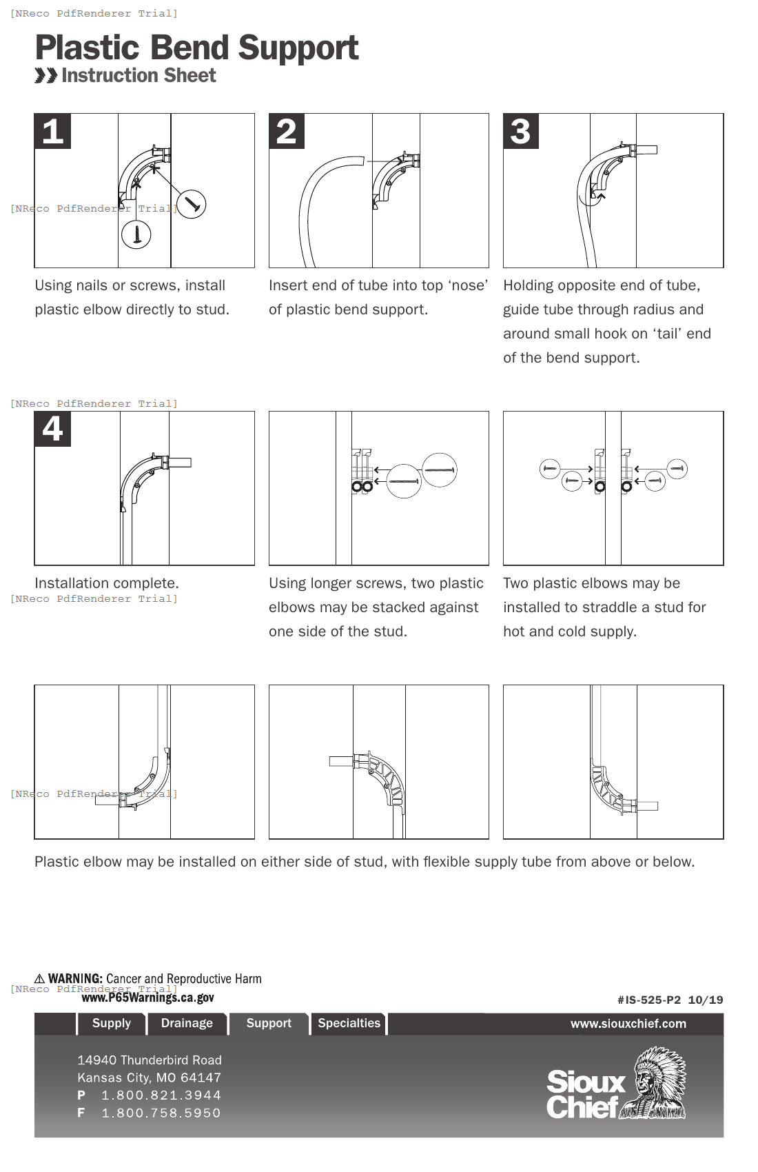 525 SERIES - PLASTIC BEND SUPPORT - INSTRUCTION SHEET.PDF Technical Document